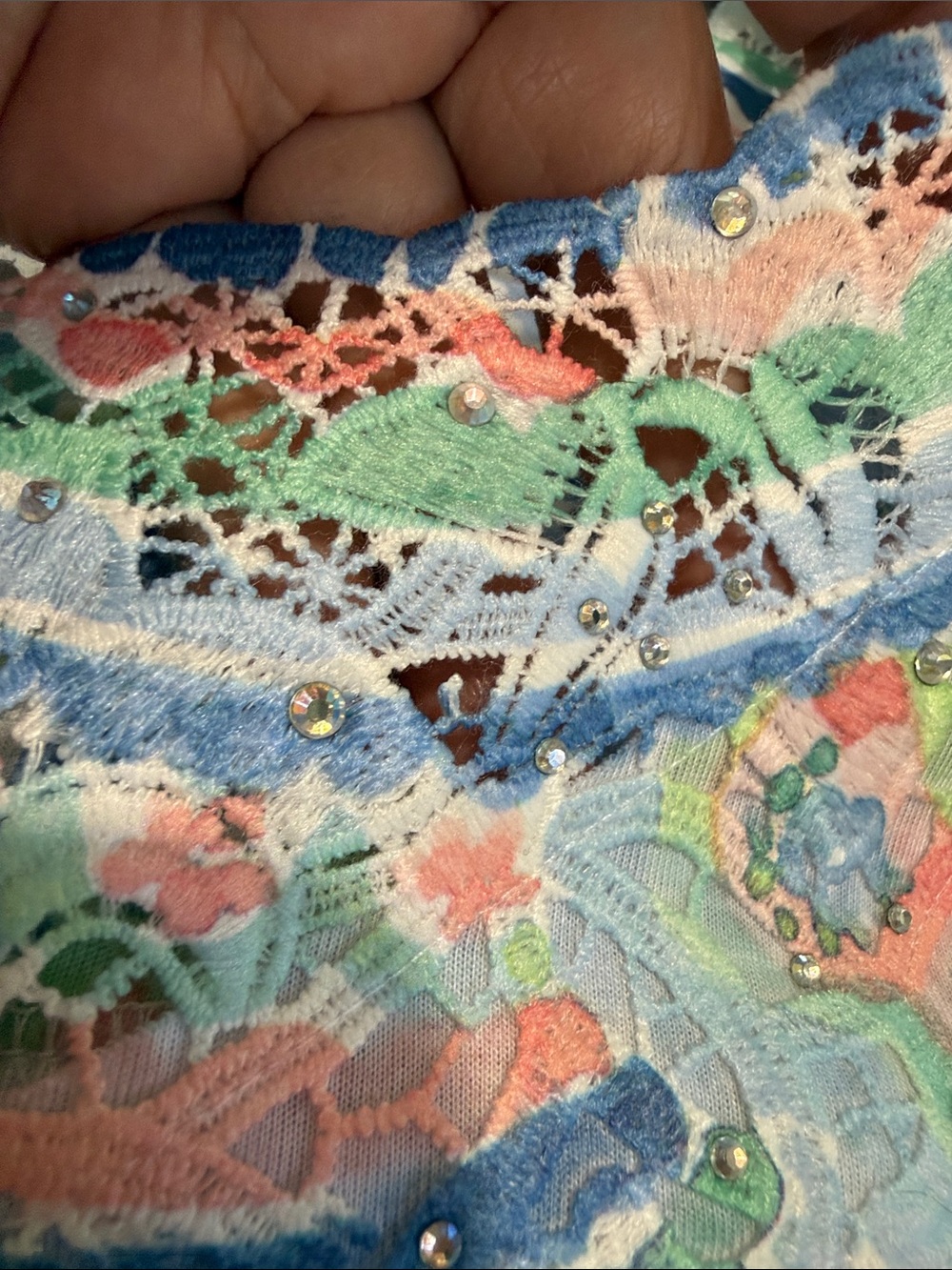 Alfred Dunner M Beautiful Summer Short Sleeve Bling Top in Peach, Blue & Green